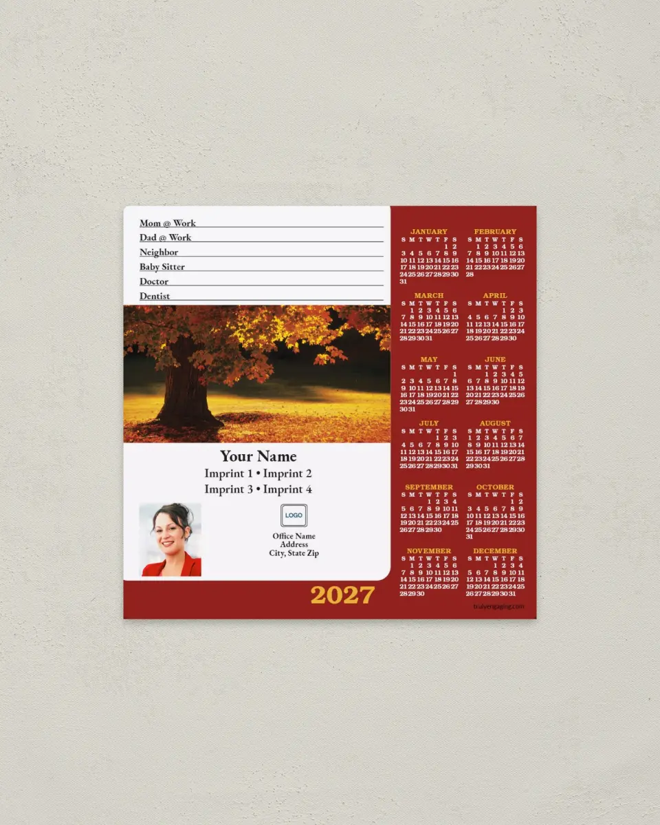 This is a 5½" x 5½" Full Magnet Calendar called Calendar & Autumn Tree, Red Background printed in full color with a Standard Gloss finish