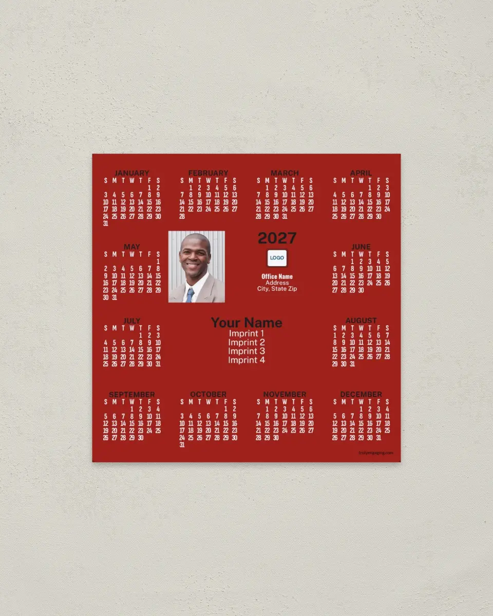 This is a 5½" x 5½" Full Magnet Calendar called Red Background printed in full color with a Standard Gloss finish