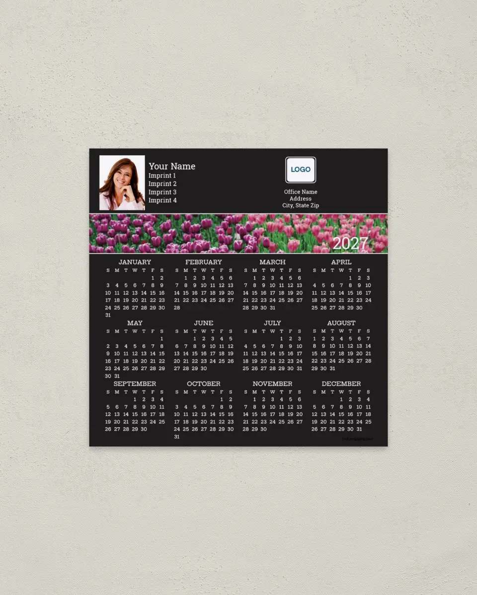 This is a 5½" x 5½" Full Magnet Calendar called Bar of Tulips, Black Background printed in full color with a Standard Gloss finish