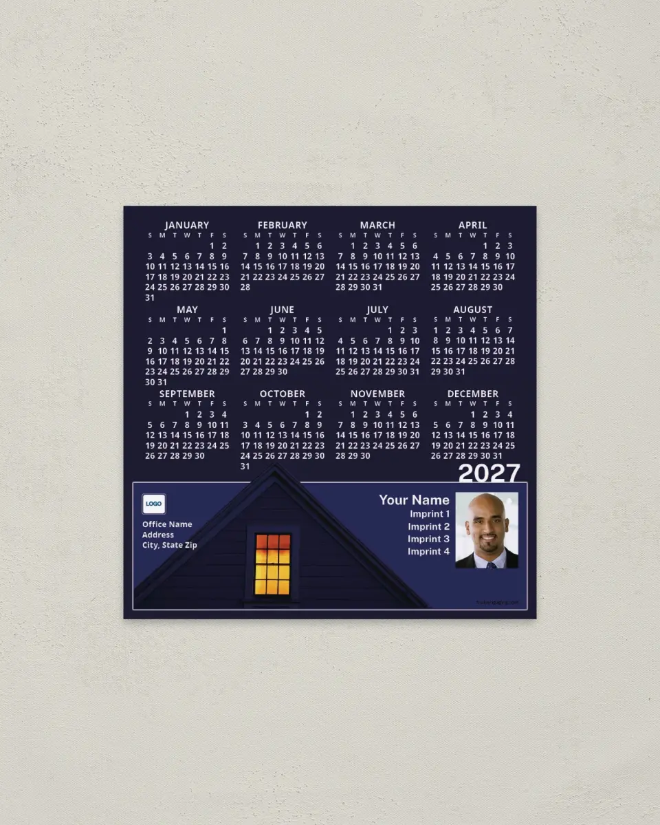This is a 5½" x 5½" Full Magnet Calendar called House at Night, Gray Background printed in full color with a Standard Gloss finish
