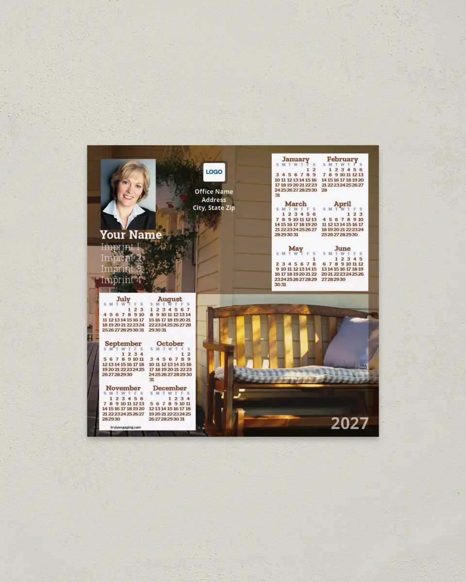 This is a 5½" x 5½" Full Magnet Calendar called Bench on Porch printed in full color with a Standard Gloss finish