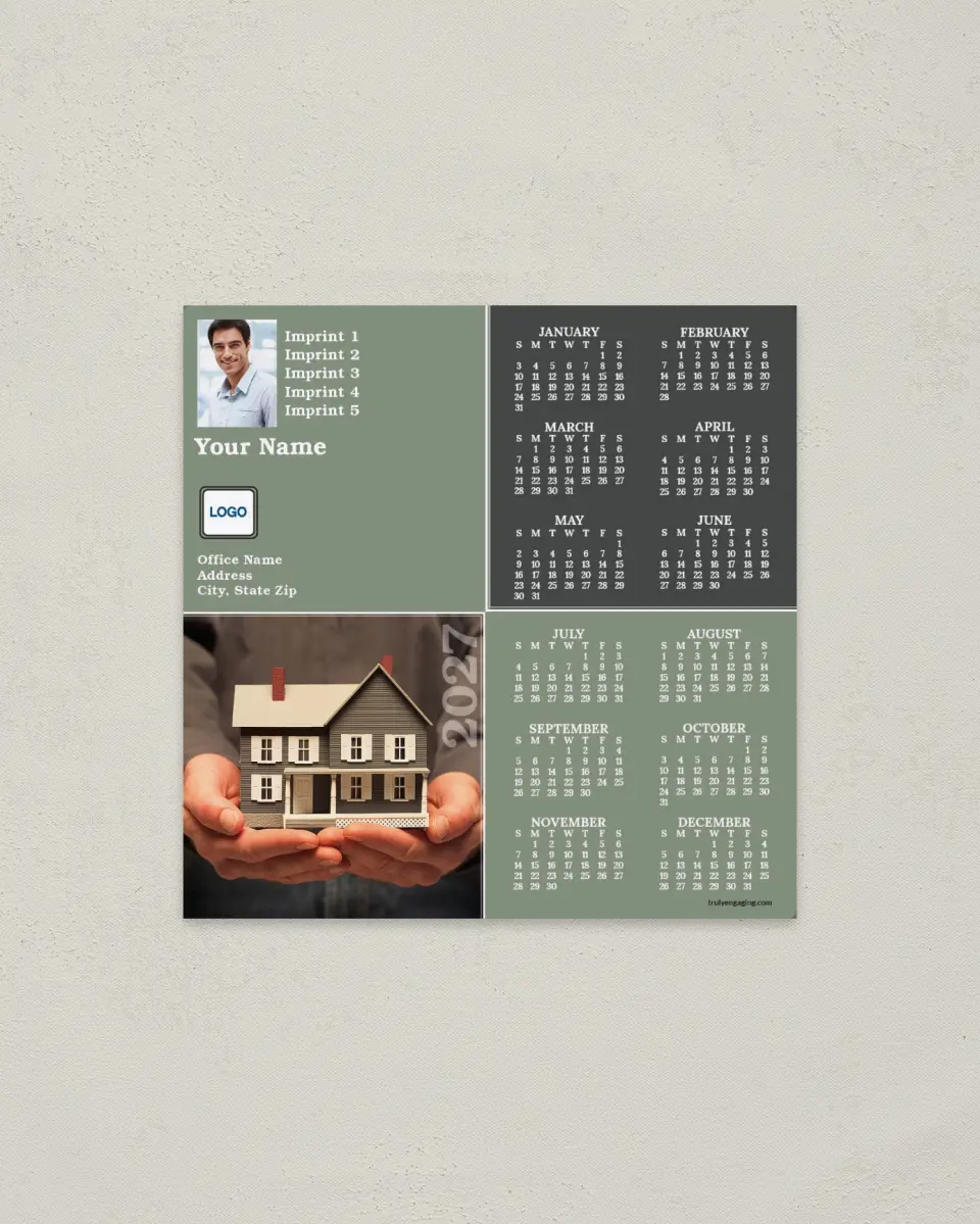 This is a 5½" x 5½" Full Magnet Calendar called Green Squares - Hands Holding House printed in full color with a Standard Gloss finish