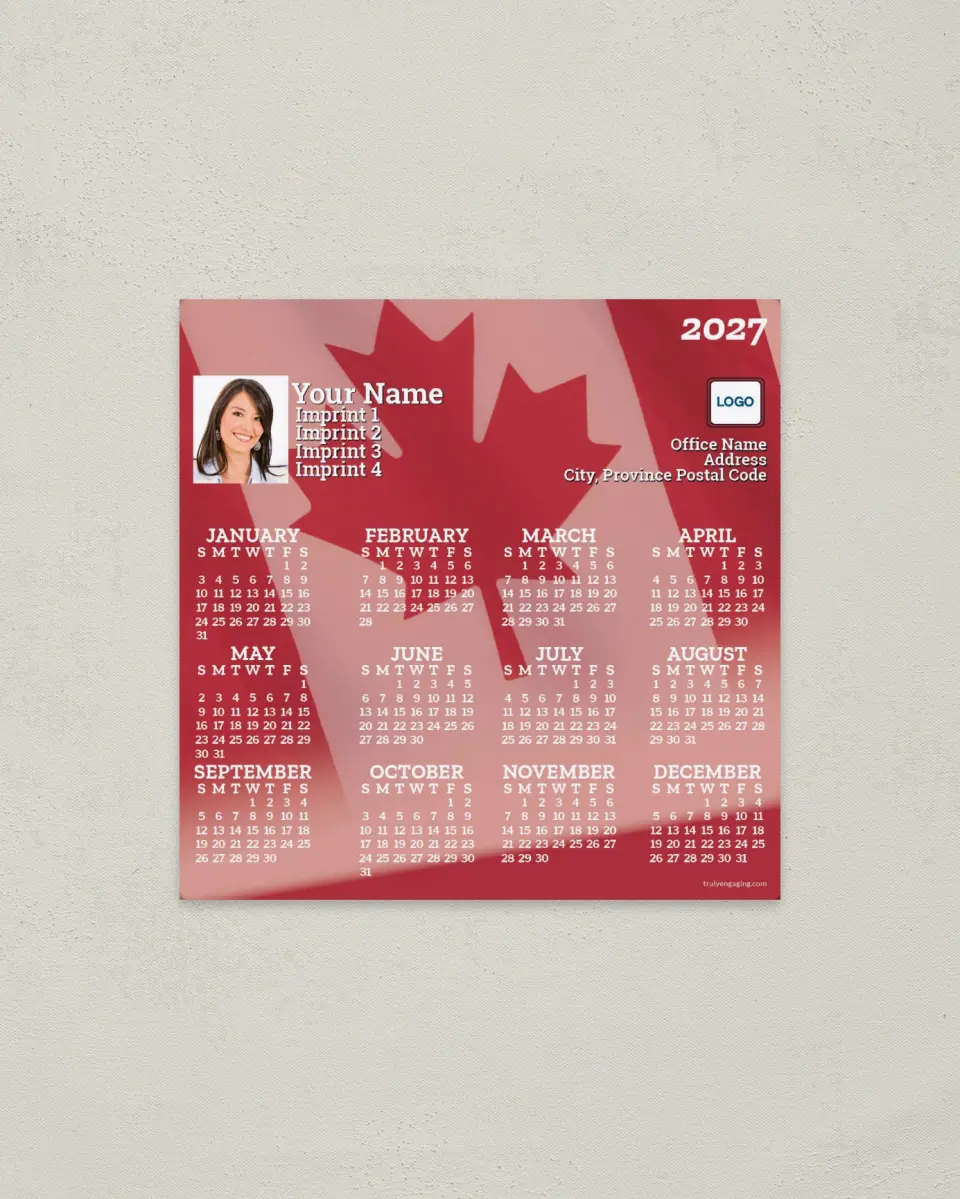 This is a 5½" x 5½" Full Magnet Calendar called Canadian Flag Background printed in full color with a Standard Gloss finish