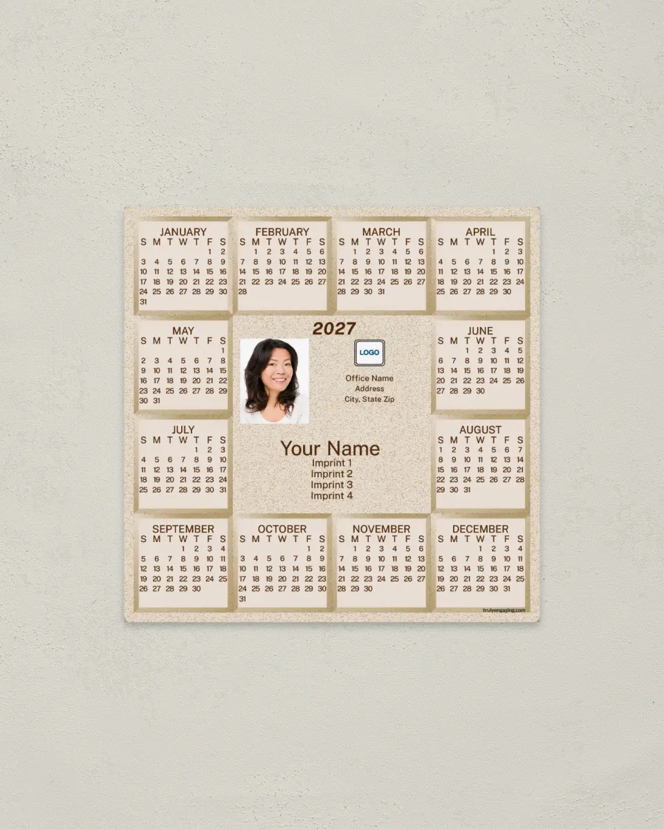 This is a 5½" x 5½" Full Magnet Calendar called Buff Parchment Background printed in full color with a Standard Gloss finish