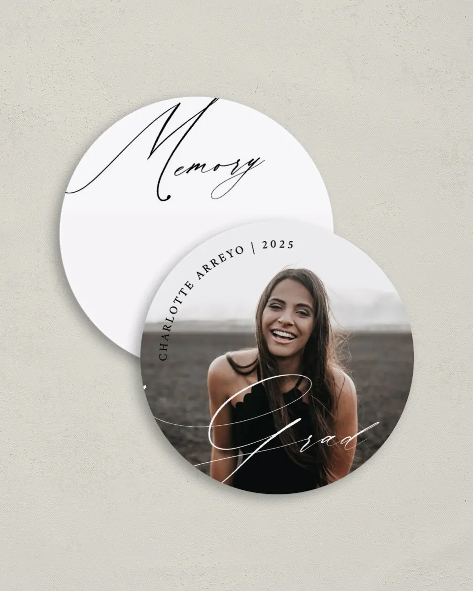 This is a 4" x 4" Share a Memory Card called Grad Sophisticate printed in full color on Luxe Satin (coated) paper