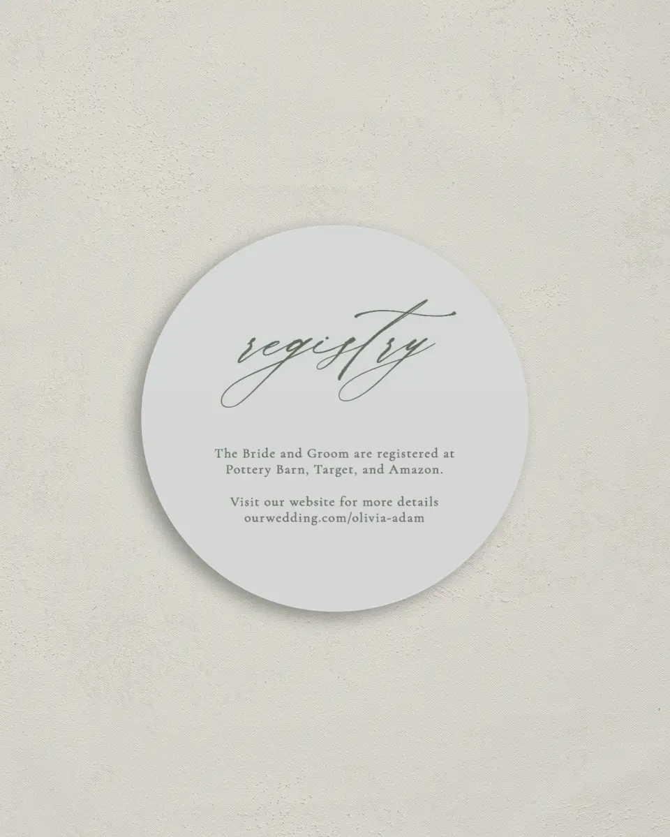 This is a 4" x 4" Registry Card called Whisper Words printed in full color on Luxe Satin (coated) paper