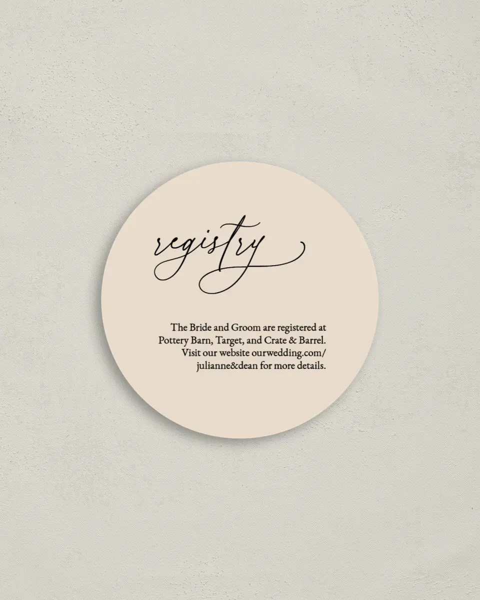 This is a 4" x 4" Registry Card called Script Label printed in full color on Luxe Satin (coated) paper