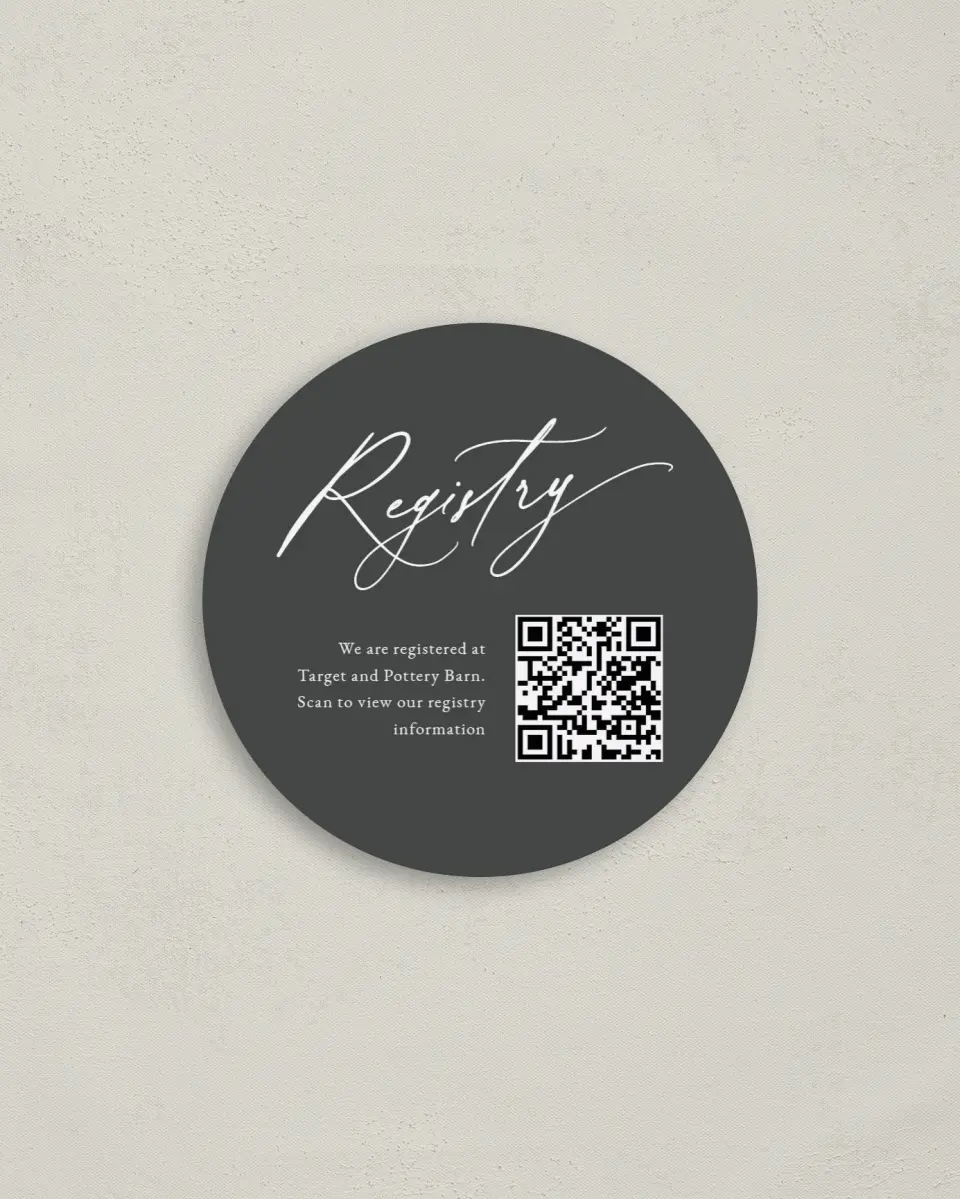 This is a 4" x 4" Registry Card called Elegant Drama printed in full color on Luxe Satin (coated) paper