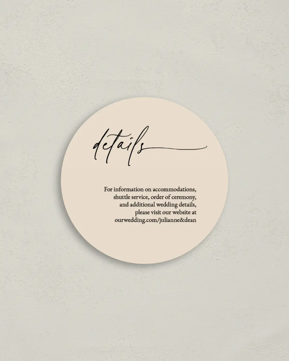This is a 4" x 4" Details Card called Script Label printed in full color with Gold foil on Luxe Satin (coated) paper
