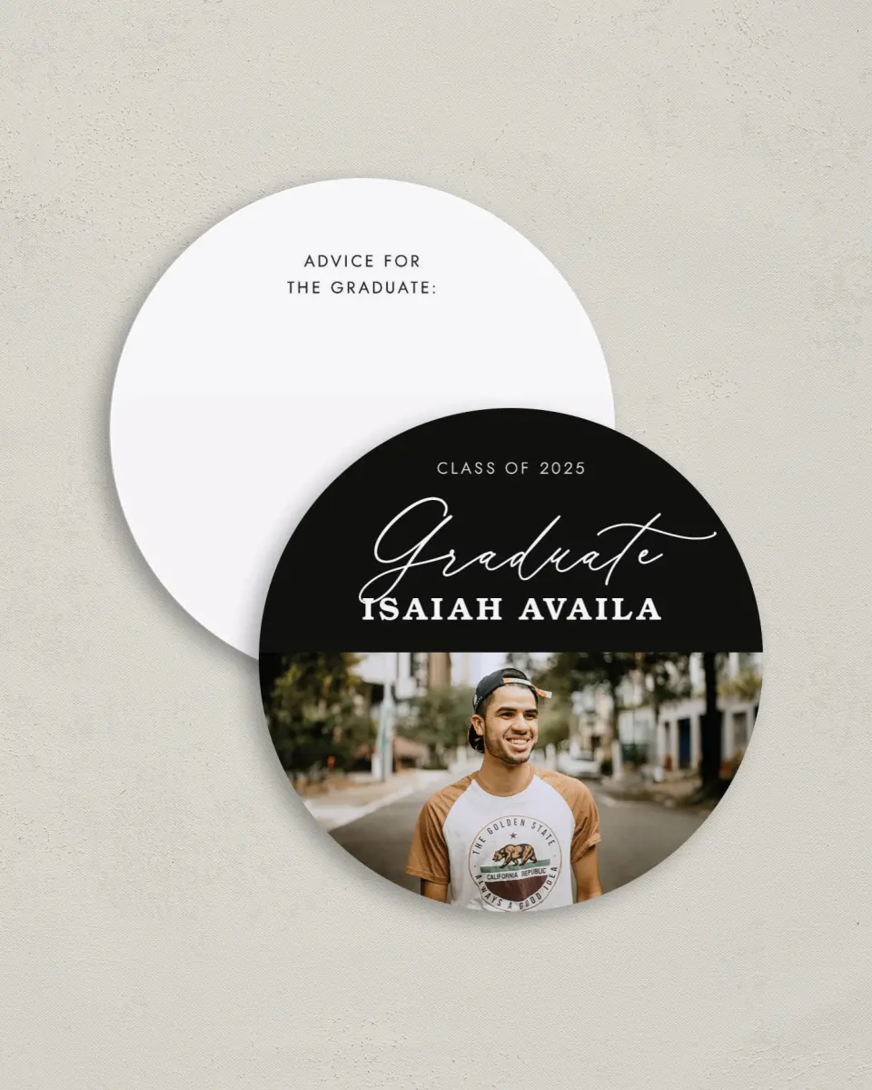 This is a 4" x 4" Advice Card called Let's Celebrate printed in full color on Luxe Satin (coated) paper