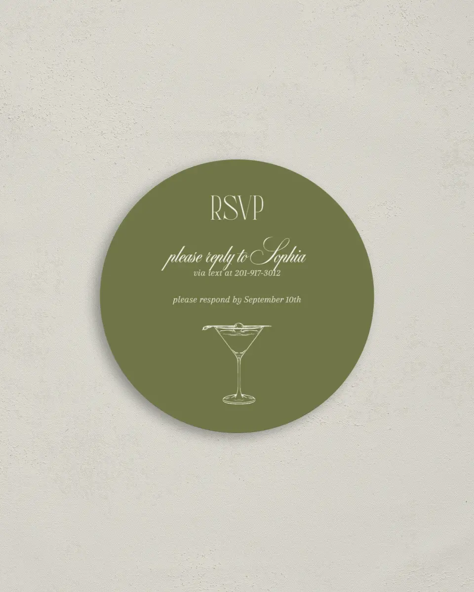 This is a 4" x 4" Bachelorette Party Thank You Card called In a Tini Bit printed in full color on Luxe Satin (coated) paper