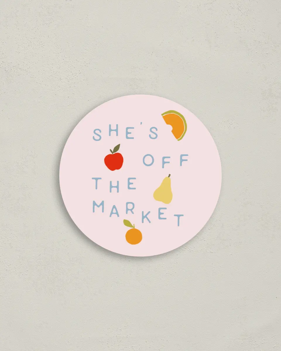 This is a 4" x 4" Bachelorette Party Thank You Card called She's Off the Market printed in full color on Luxe Satin (coated) paper
