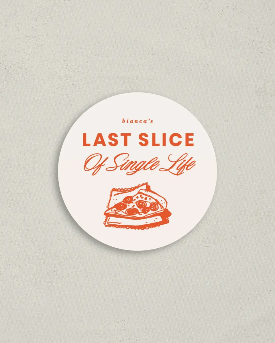 This is a 4" x 4" Bachelorette Party Thank You Card called Last Slice of Single Life printed in full color on Luxe Satin (coated) paper