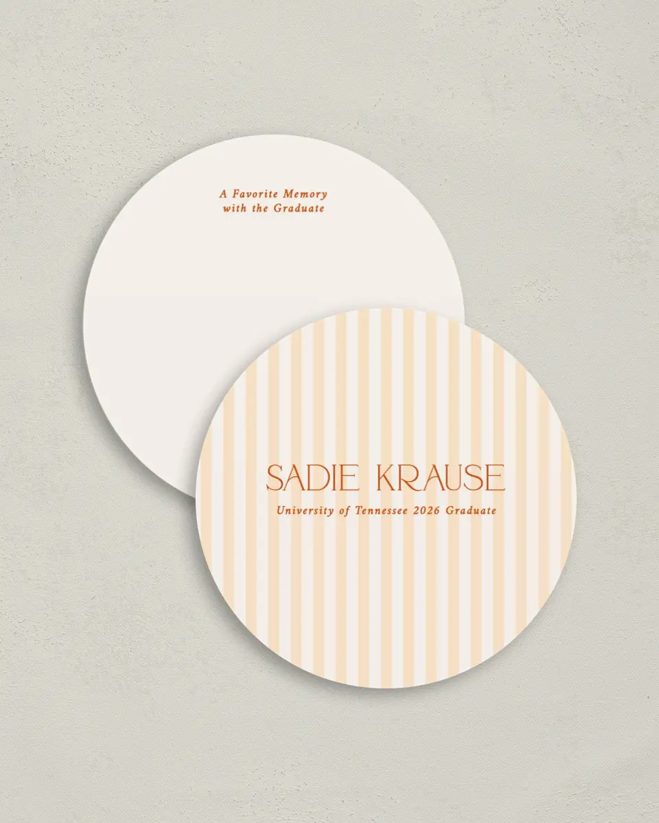 This is a 4" x 4" Share a Memory Card called Senior Stripes printed in full color on Luxe Satin (coated) paper