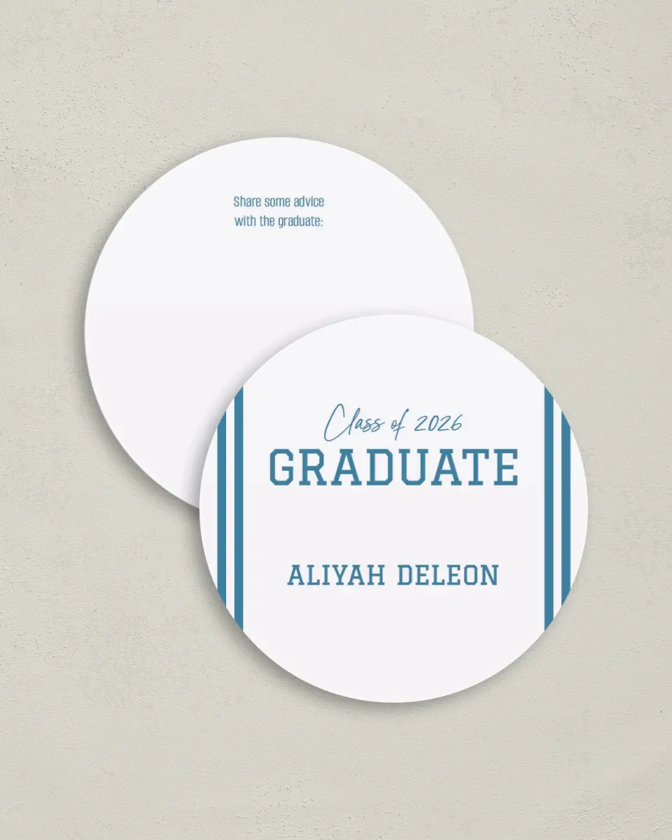 This is a 4" x 4" Advice Card called Varsity Stripes printed in full color on Luxe Satin (coated) paper