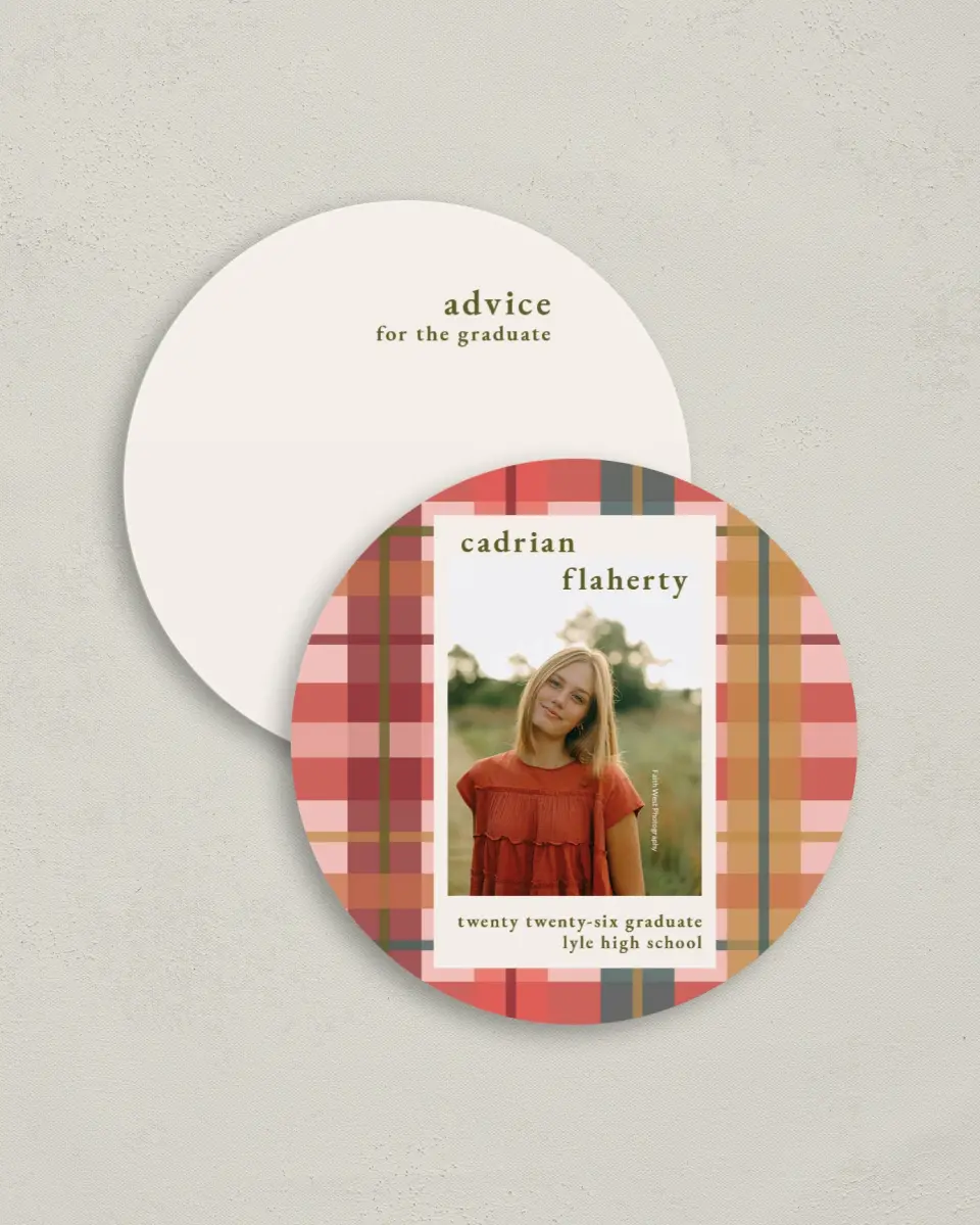 This is a 4" x 4" Advice Card called Plaid Praise printed in full color on Luxe Satin (coated) paper