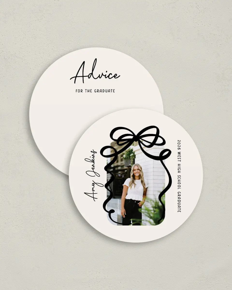 This is a 4" x 4" Advice Card called All Tied Up printed in full color on Luxe Satin (coated) paper