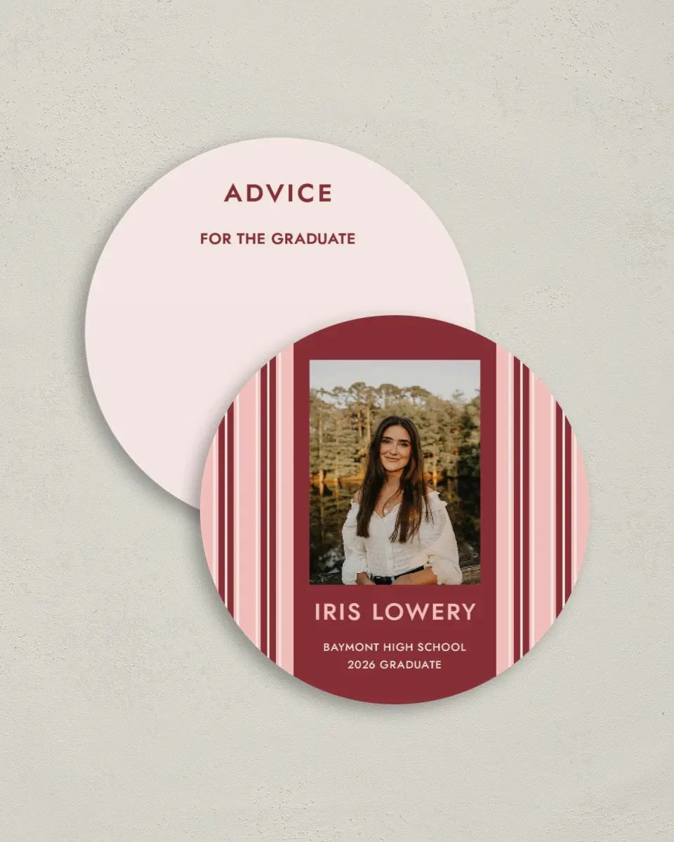 This is a 4" x 4" Advice Card called Striped Admiration printed in full color on Luxe Satin (coated) paper