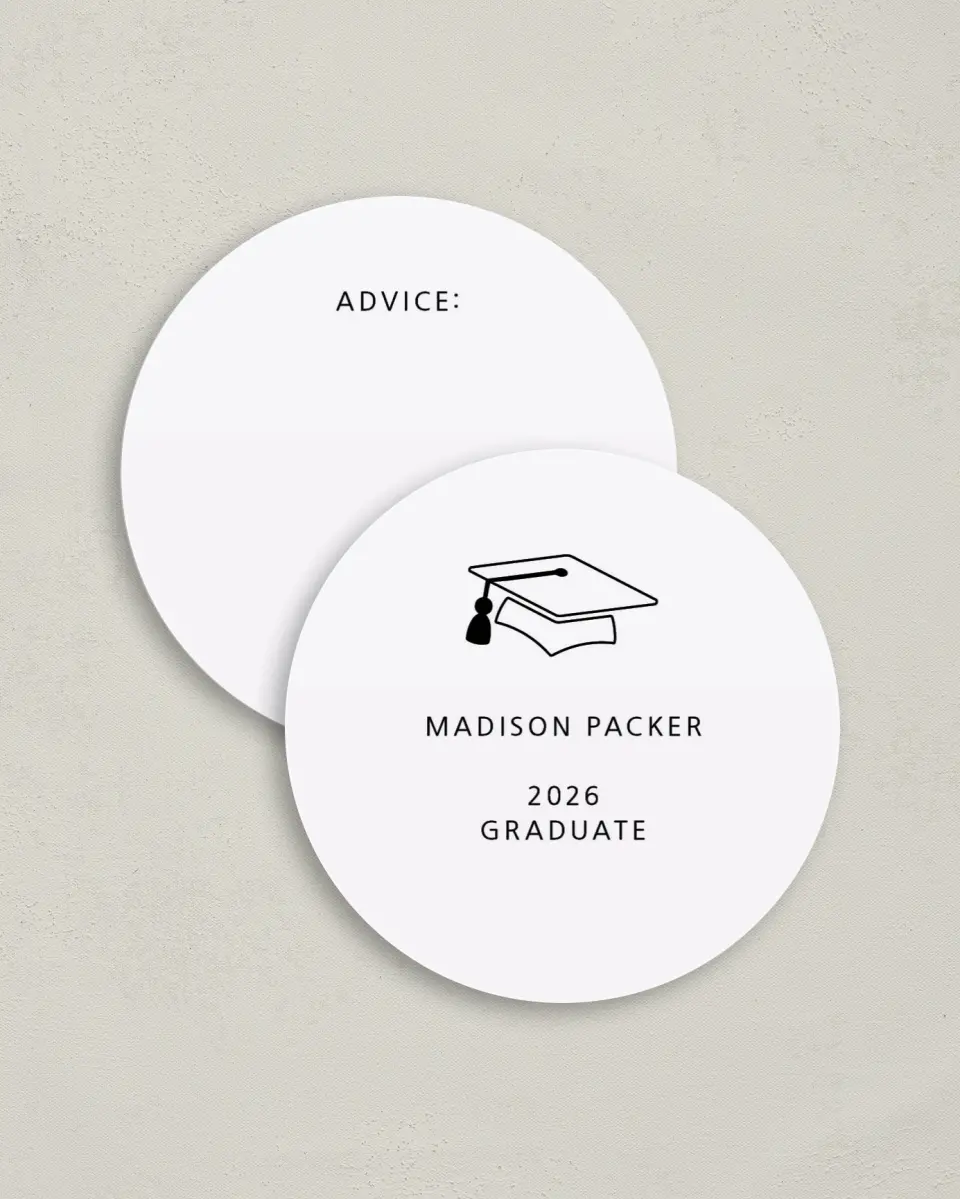 This is a 4" x 4" Advice Card called Modern Grad printed in full color on Luxe Satin (coated) paper