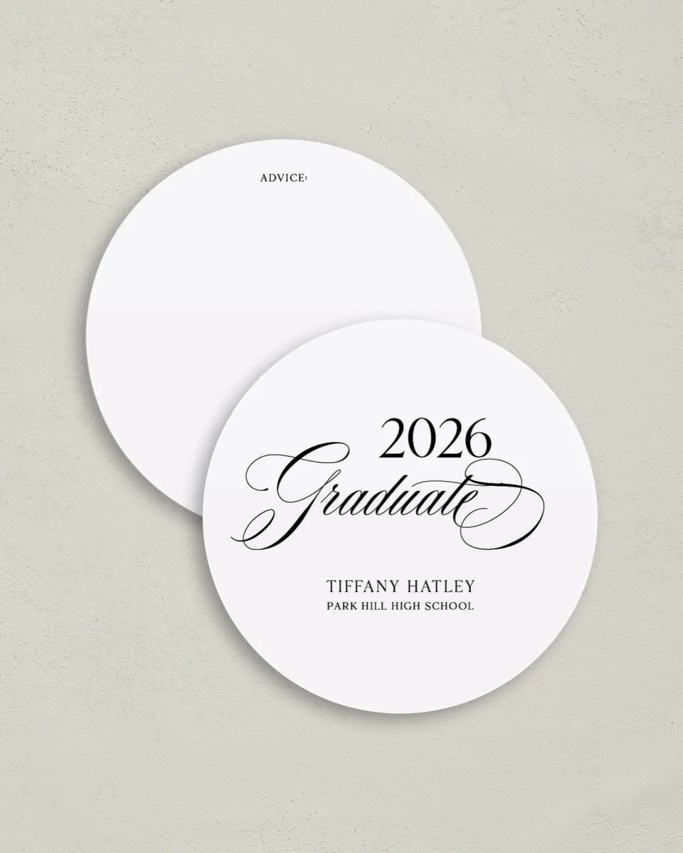 This is a 4" x 4" Advice Card called Graduate Script printed in full color on Luxe Satin (coated) paper