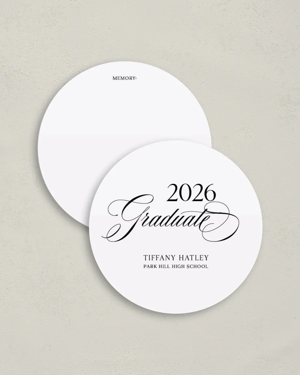This is a 4" x 4" Share a Memory Card called Graduate Script printed in full color on Luxe Satin (coated) paper