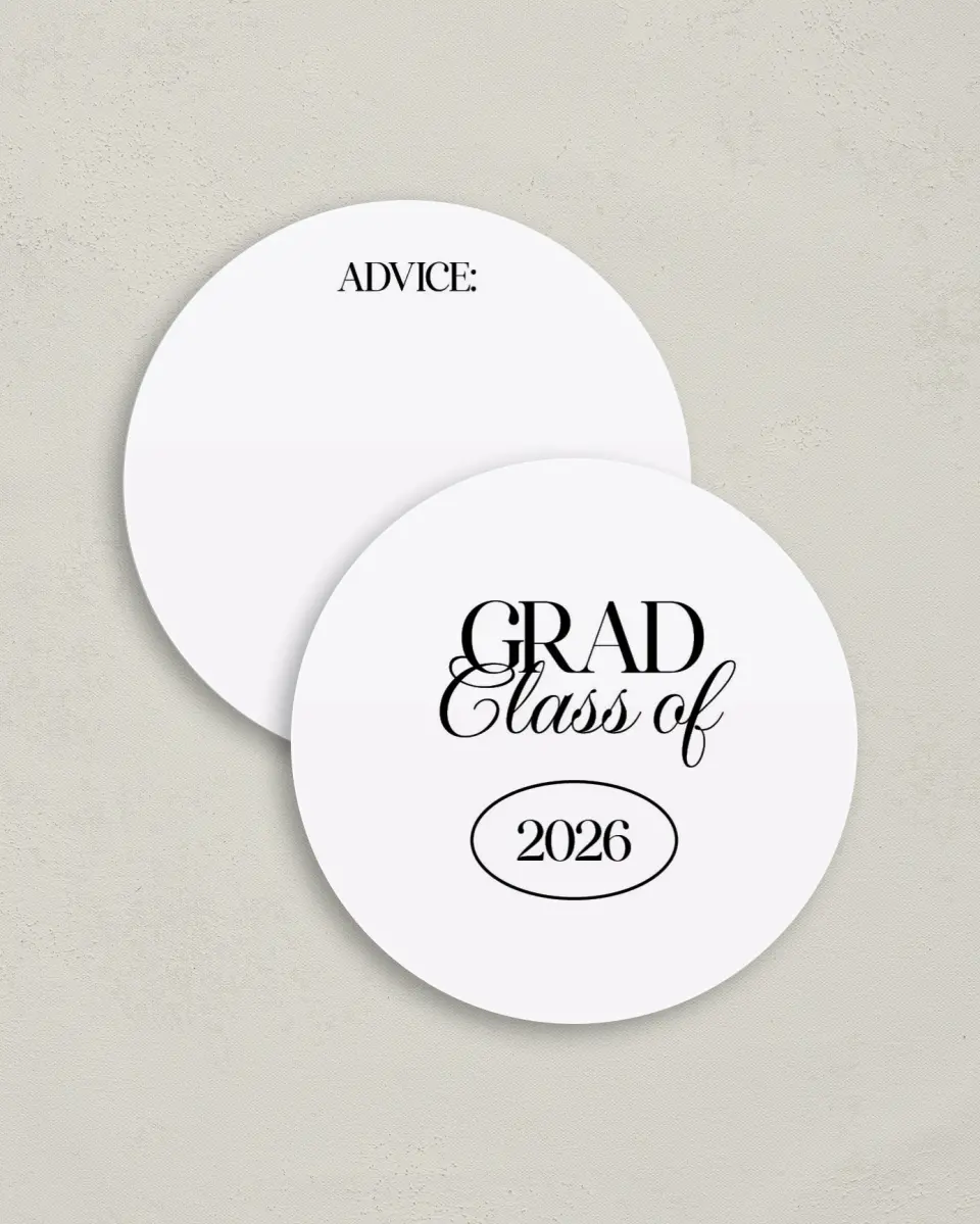 This is a 4" x 4" Advice Card called Retro Grad printed in full color on Luxe Satin (coated) paper