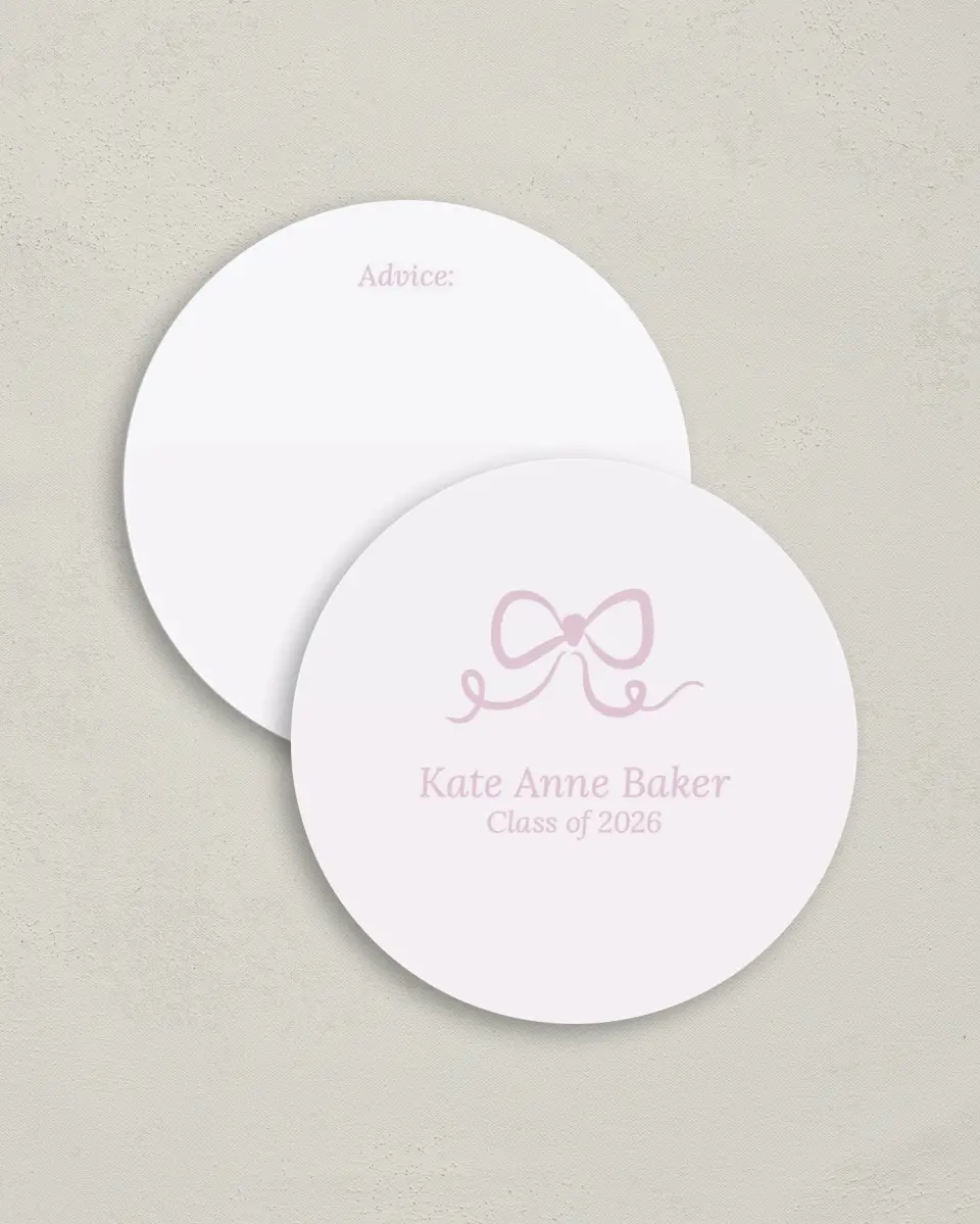 This is a 4" x 4" Advice Card called Bow Grad printed in full color on Luxe Satin (coated) paper