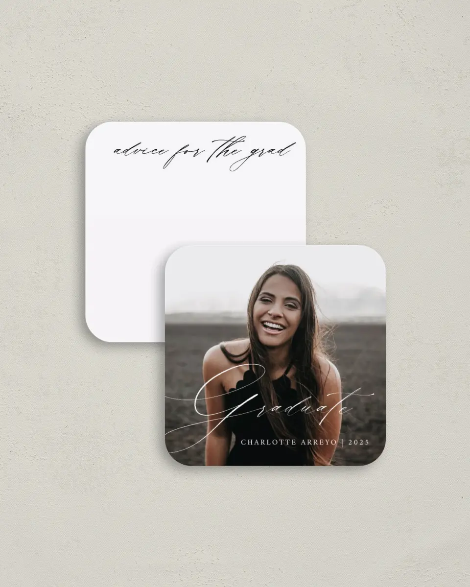 This is a 3¼" x 3¼" Advice Card called Grad Sophisticate printed in full color on Luxe Satin (coated) paper