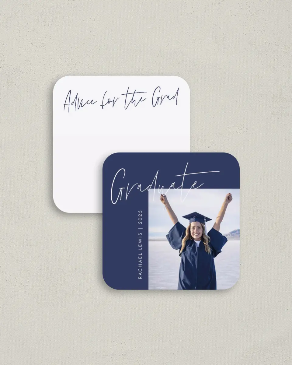 This is a 3¼" x 3¼" Advice Card called Smart Script printed in full color on Luxe Satin (coated) paper