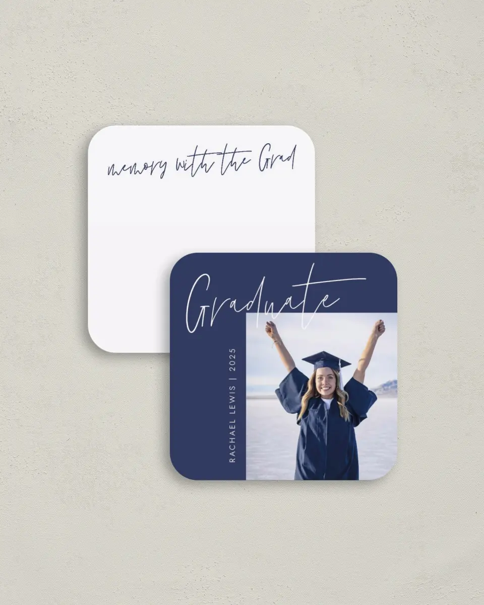 This is a 3¼" x 3¼" Share a Memory Card called Smart Script printed in full color on Luxe Satin (coated) paper
