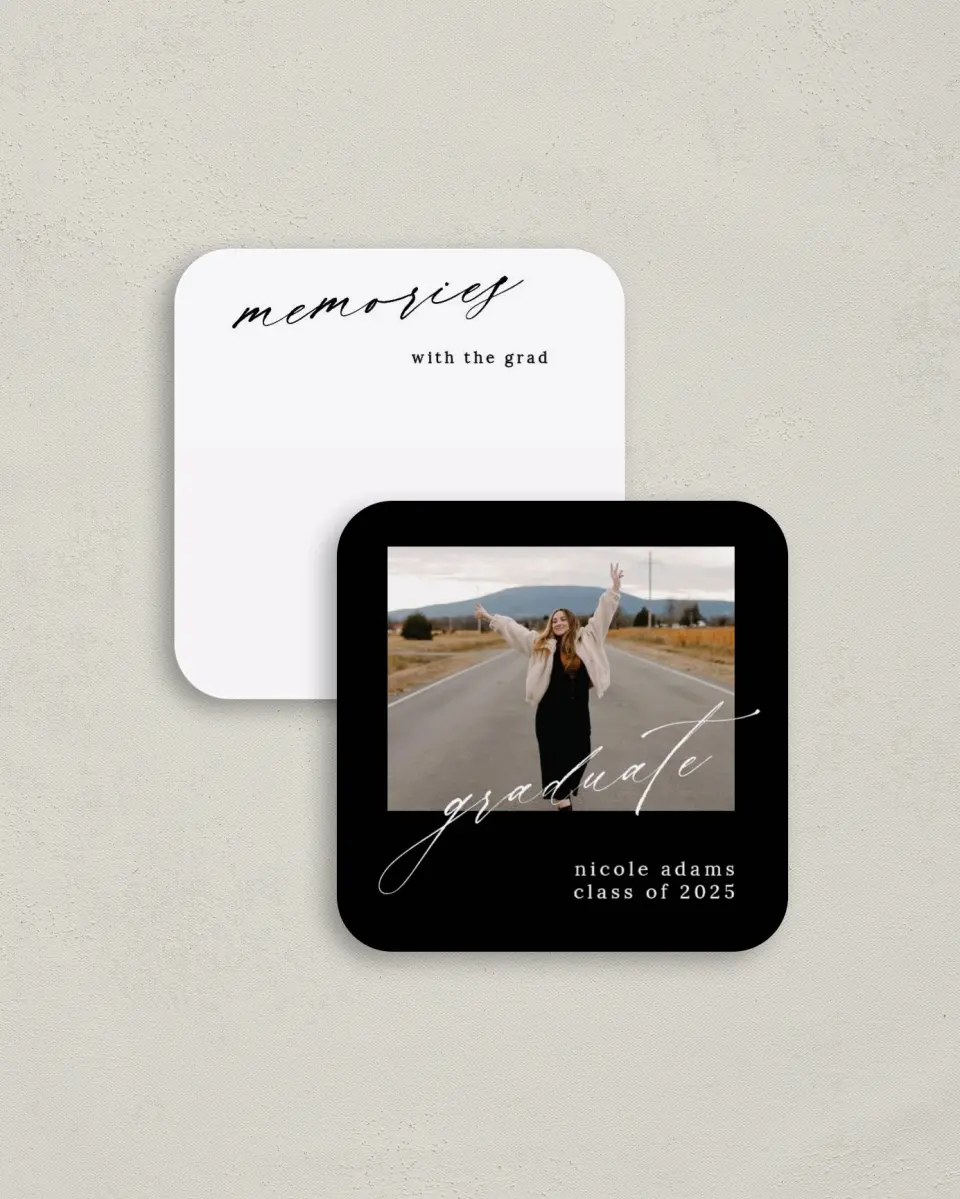 This is a 3¼" x 3¼" Share a Memory Card called Fearless Graduate printed in full color on Luxe Satin (coated) paper