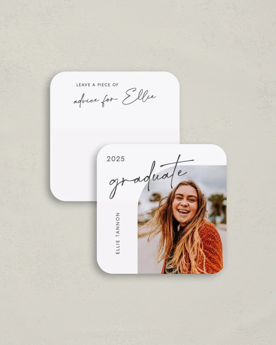 This is a 3¼" x 3¼" Advice Card called Commencement Corners printed in full color on Luxe Satin (coated) paper