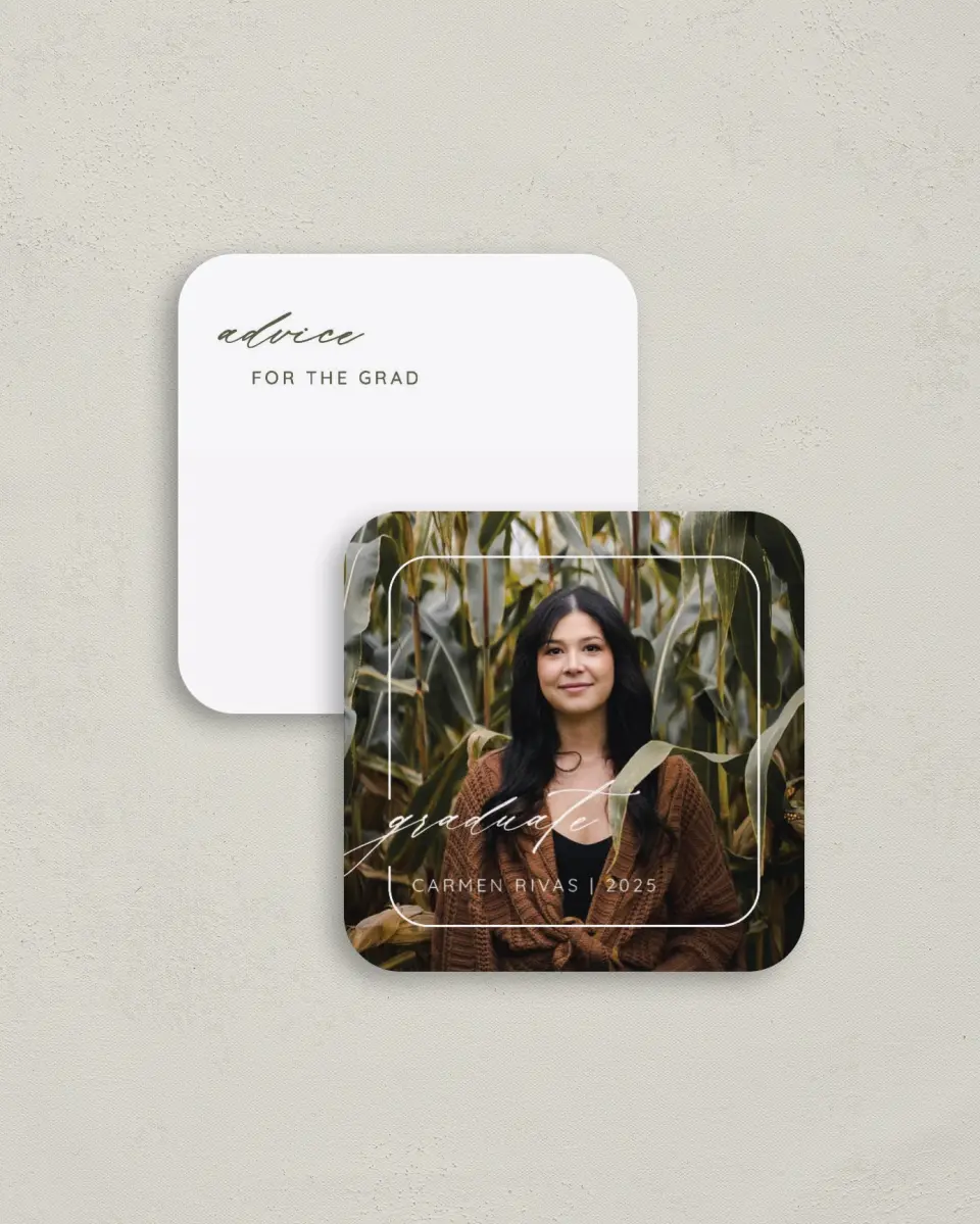 This is a 3¼" x 3¼" Advice Card called Brilliant Border printed in full color on Luxe Satin (coated) paper
