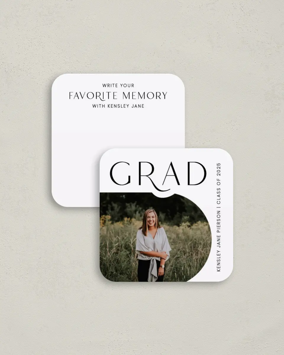 This is a 3¼" x 3¼" Share a Memory Card called Modern Scholar printed in full color on Luxe Satin (coated) paper