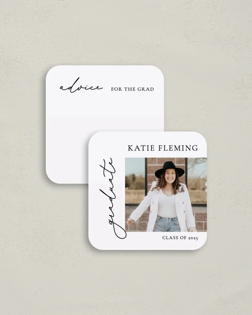 This is a 3¼" x 3¼" Advice Card called Chic Three printed in full color on Luxe Satin (coated) paper
