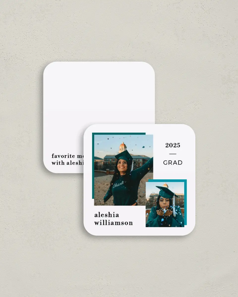 This is a 3¼" x 3¼" Share a Memory Card called Fun Celebration printed in full color with Gold foil on Luxe Satin (coated) paper