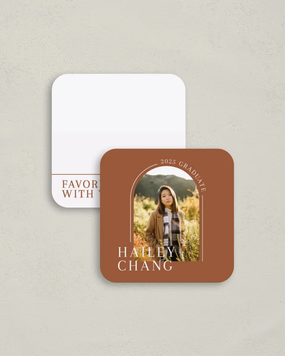 This is a 3¼" x 3¼" Share a Memory Card called Arched Grad printed in full color on Luxe Satin (coated) paper