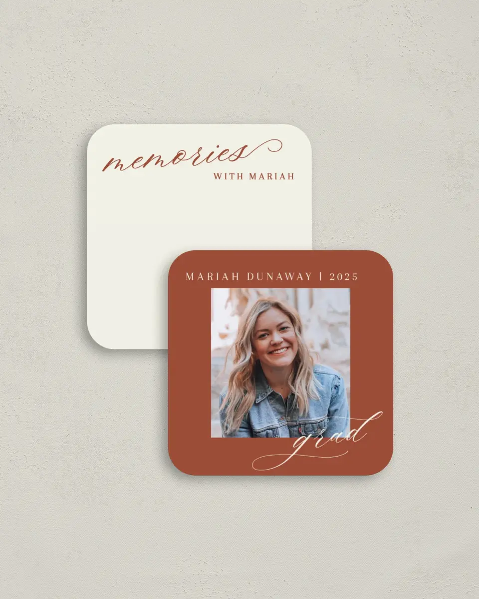 This is a 3¼" x 3¼" Share a Memory Card called Scripted Scholar printed in full color with Gold foil on Luxe Satin (coated) paper