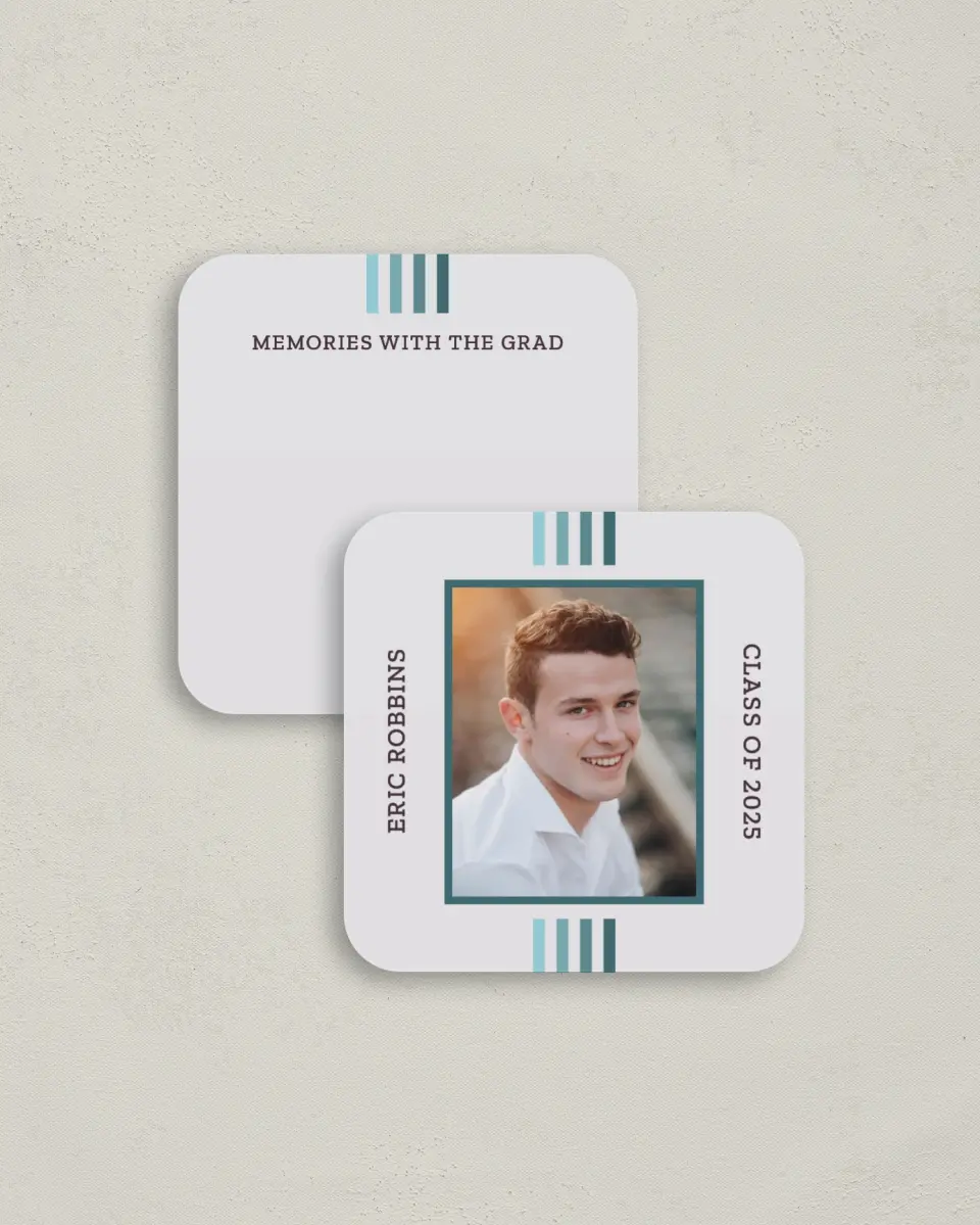 This is a 3¼" x 3¼" Share a Memory Card called Successful Stripes printed in full color on Luxe Satin (coated) paper