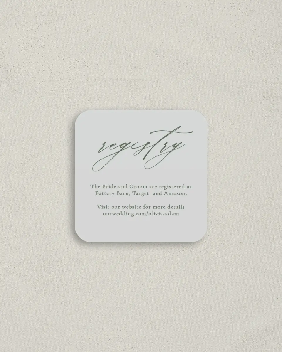 This is a 3¼" x 3¼" Registry Card called Whisper Words printed in full color on Luxe Satin (coated) paper