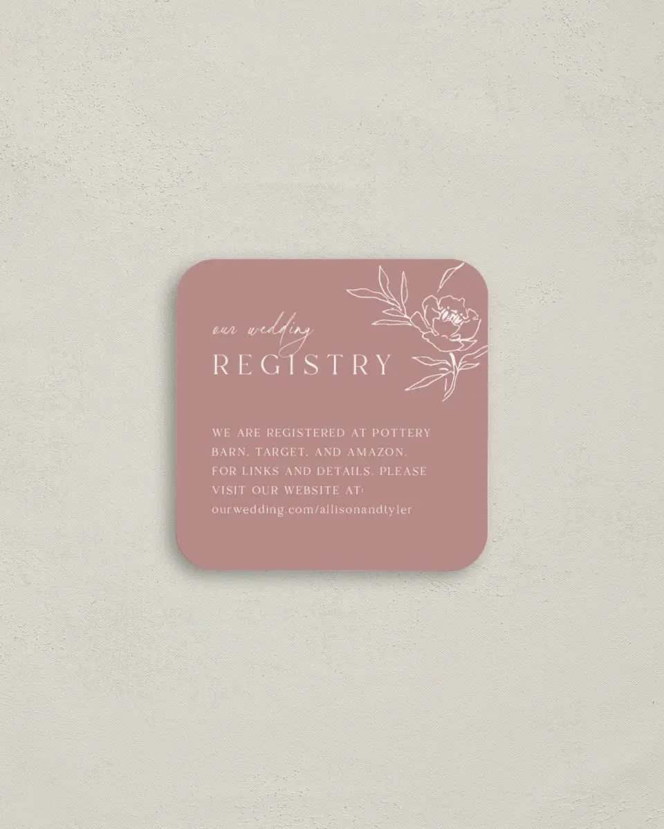 This is a 3¼" x 3¼" Registry Card called Rose Bloom printed in full color on Luxe Satin (coated) paper