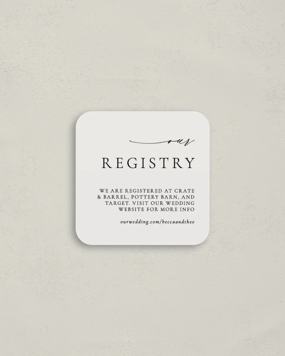 This is a 3¼" x 3¼" Registry Card called Simple Elegance printed in full color on Luxe Satin (coated) paper