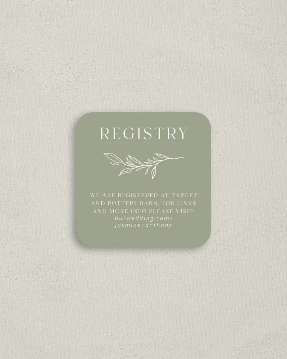 This is a 3¼" x 3¼" Registry Card called Delicate Twig printed in full color on Luxe Satin (coated) paper