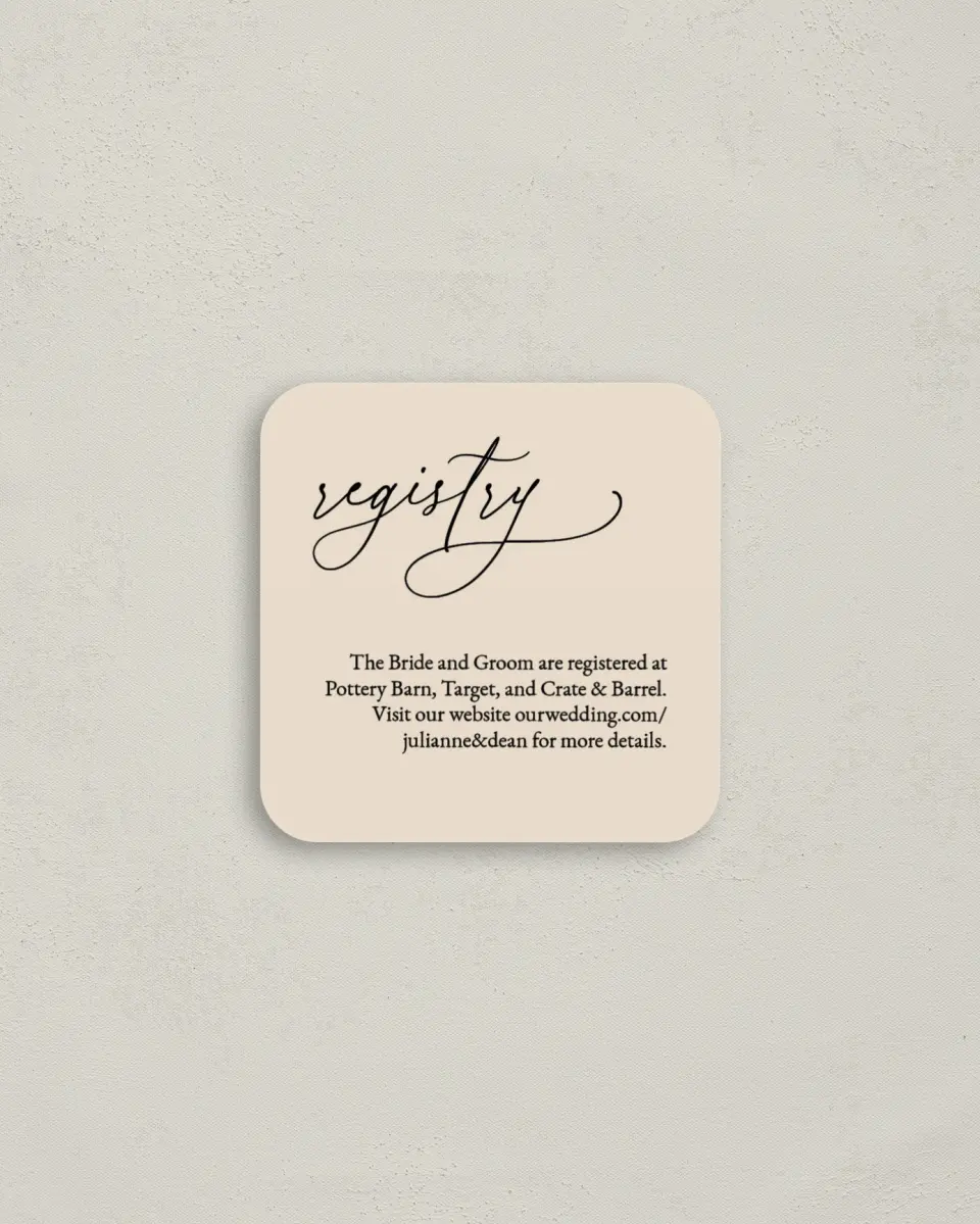 This is a 3¼" x 3¼" Registry Card called Script Label printed in full color on Luxe Satin (coated) paper