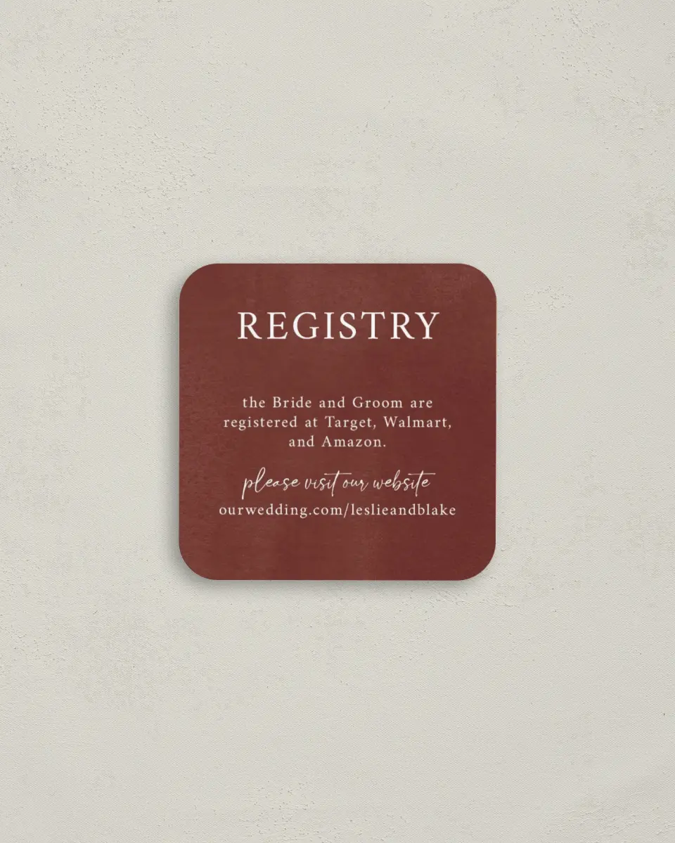 This is a 3¼" x 3¼" Registry Card called Plain Rustic printed in full color on Luxe Satin (coated) paper
