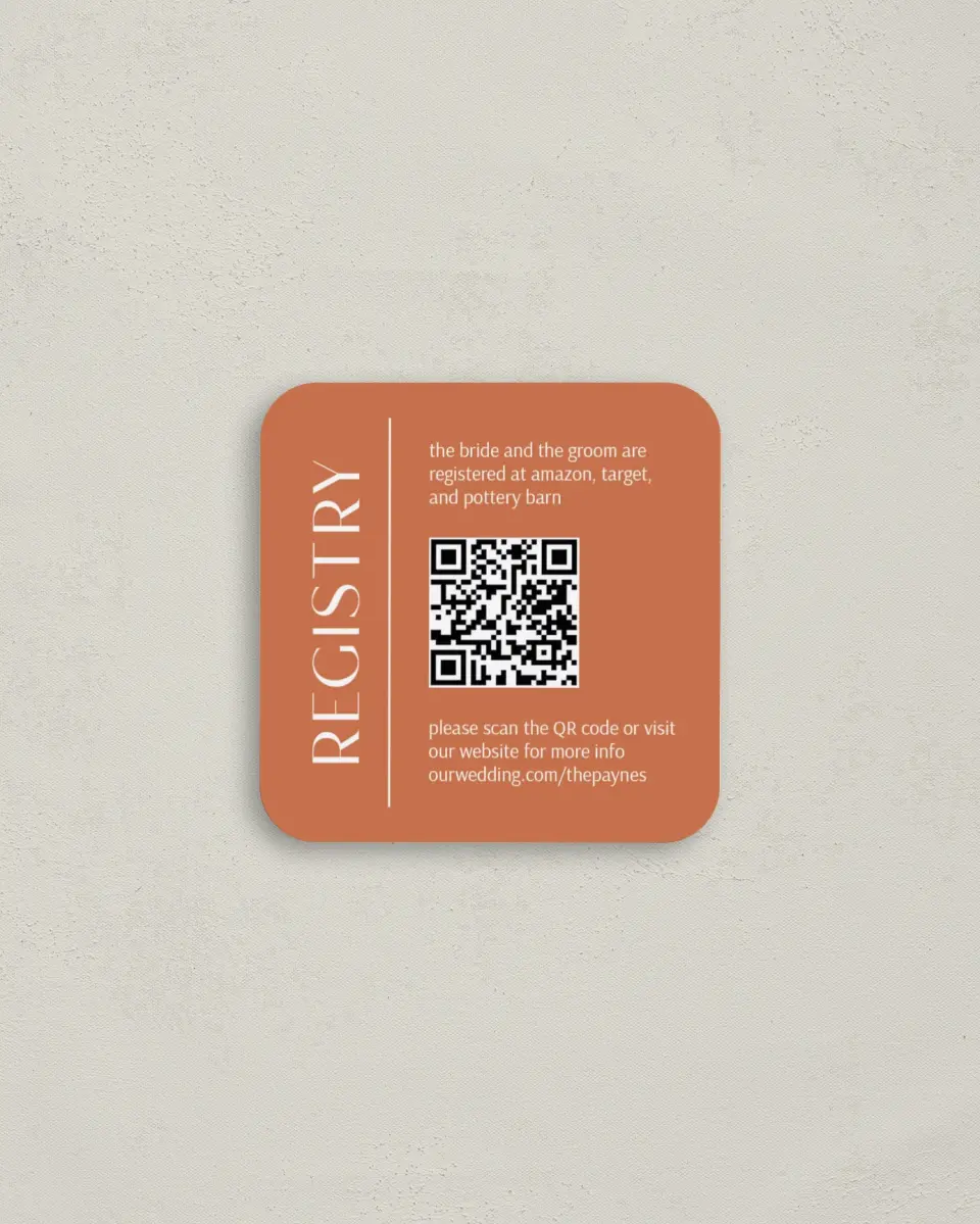 This is a 3¼" x 3¼" Registry Card called Stylish Slant printed in full color on Luxe Satin (coated) paper