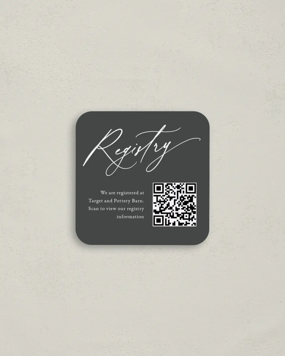 This is a 3¼" x 3¼" Registry Card called Elegant Drama printed in full color on Luxe Satin (coated) paper