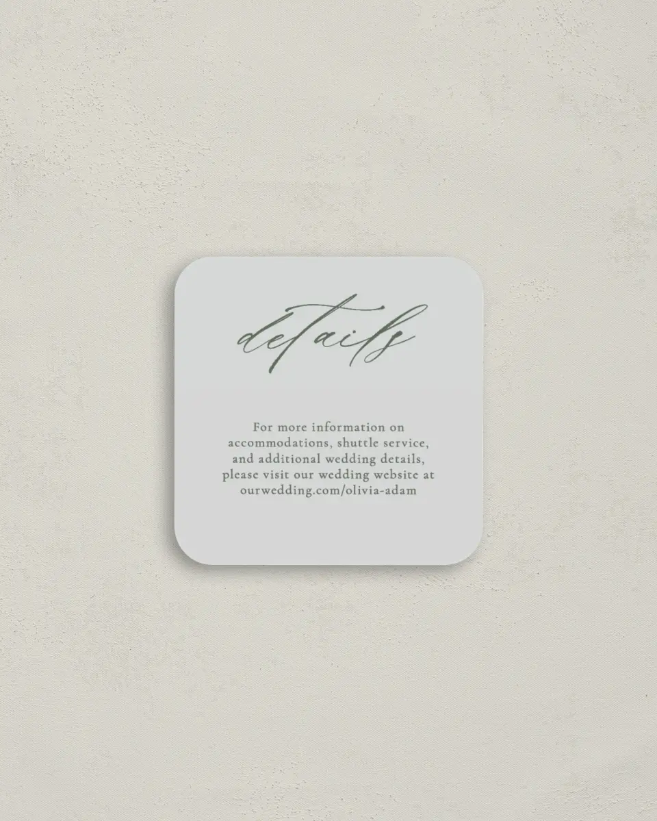 This is a 3¼" x 3¼" Details Card called Whisper Words printed in full color with Gold foil on Luxe Satin (coated) paper