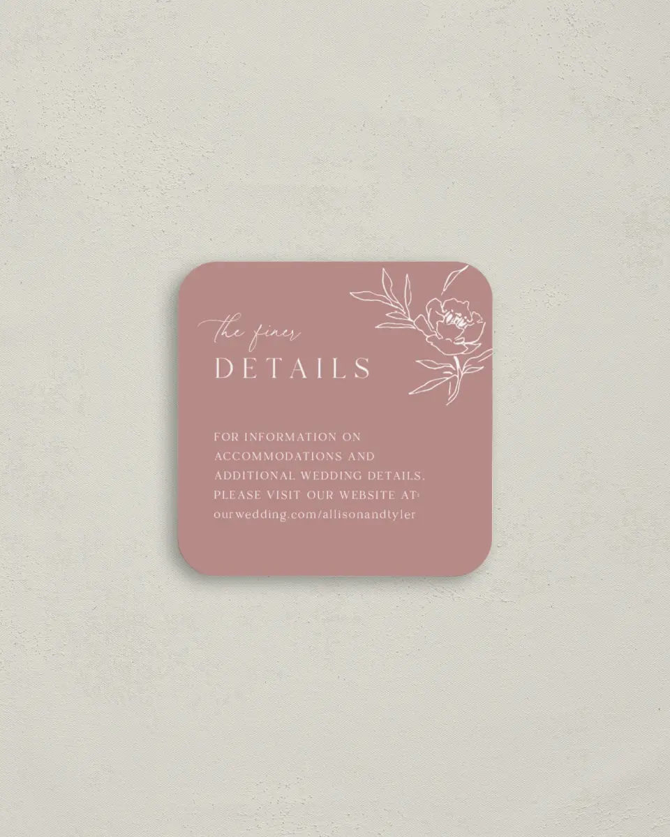 This is a 3¼" x 3¼" Details Card called Rose Bloom printed in full color with Rose Gold foil on Luxe Satin (coated) paper