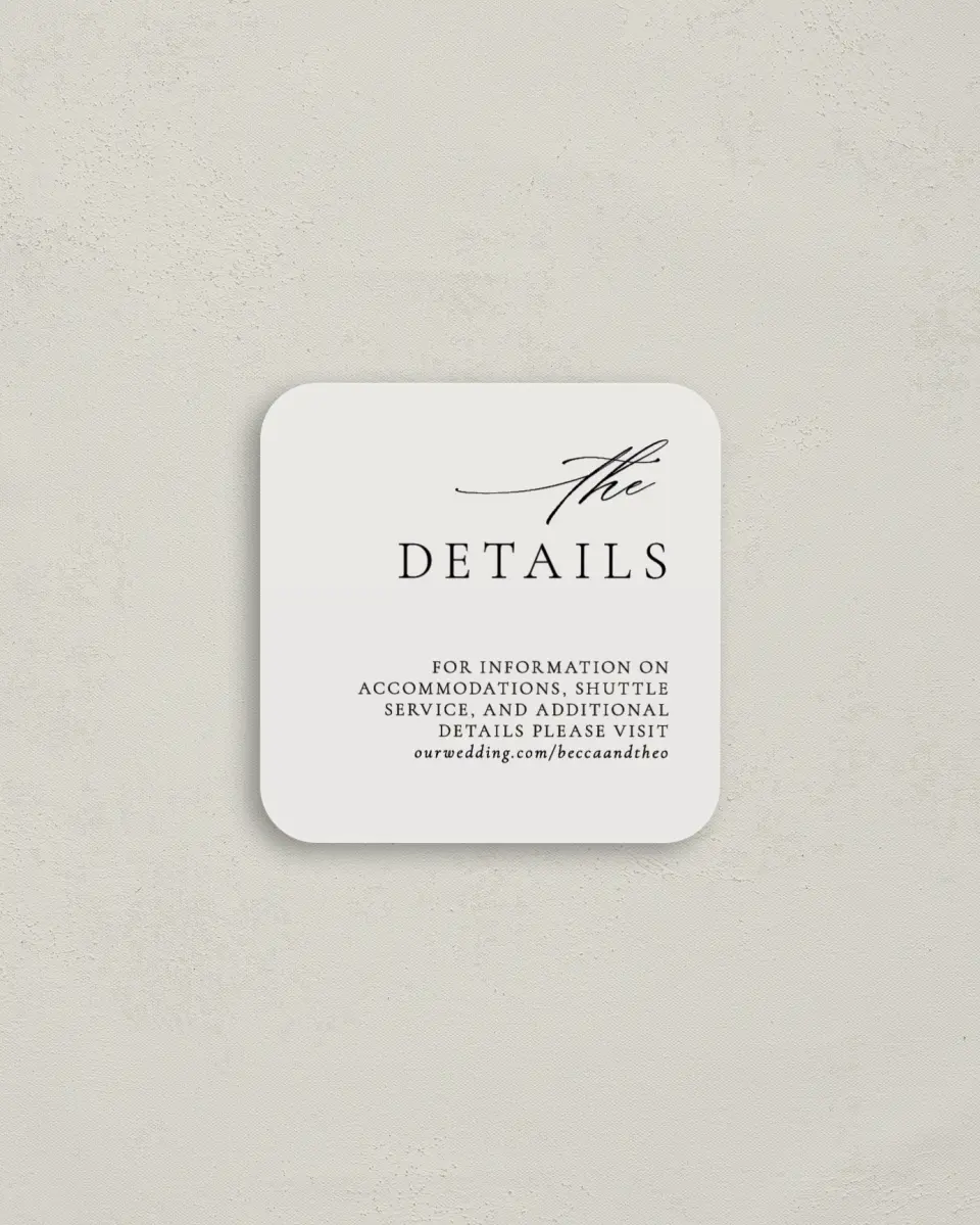 This is a 3¼" x 3¼" Details Card called Simple Elegance printed in full color with Gold foil on Luxe Satin (coated) paper
